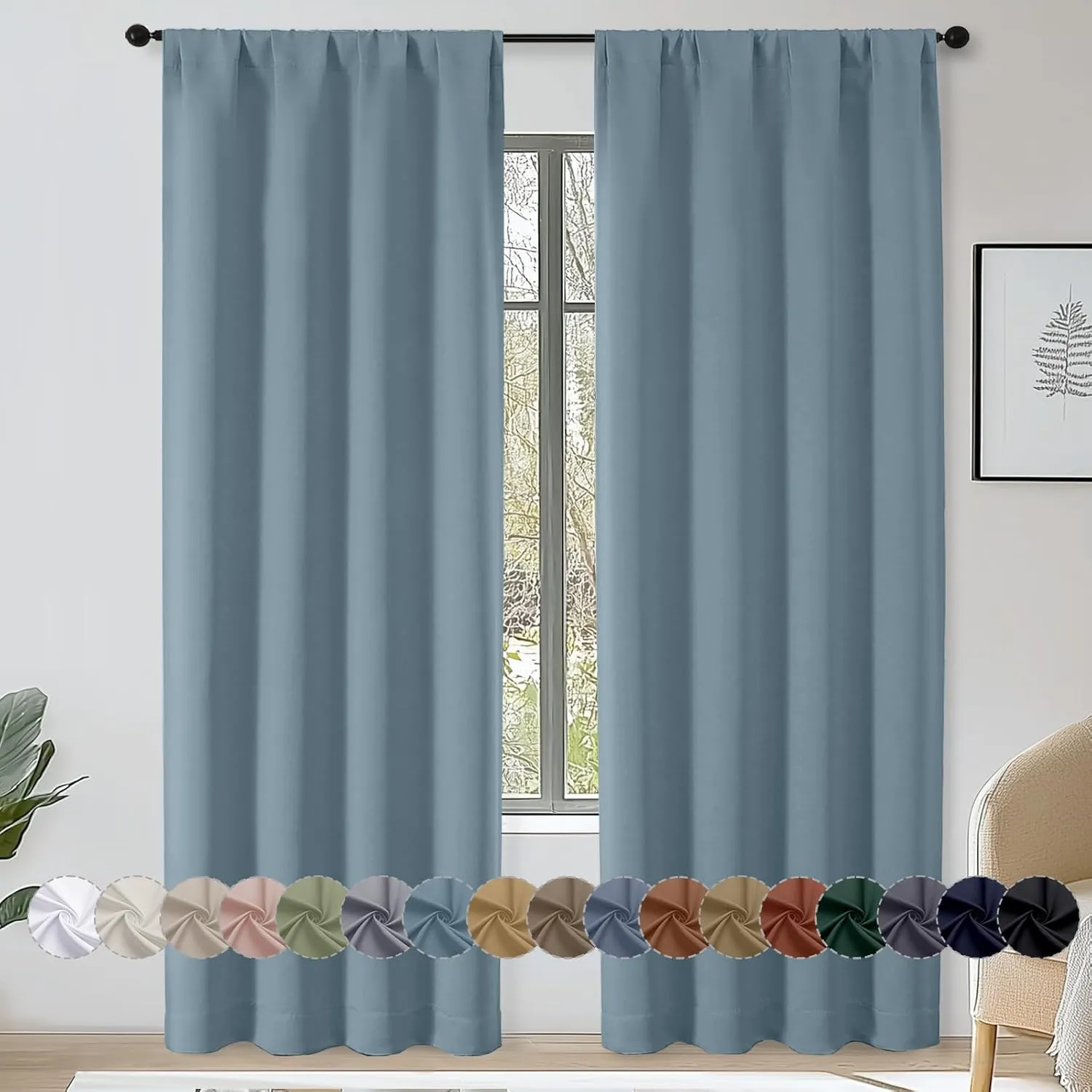 OWENIE Sally Stone Blue Blackout Curtains 84 Inches Long 2 Panels Set for Bedroom Living Room, Solid Thermal Insulated Privacy Room Darkening Window Treatment Drapes, 2 Pcs Each W40 x L84, Stone Blue