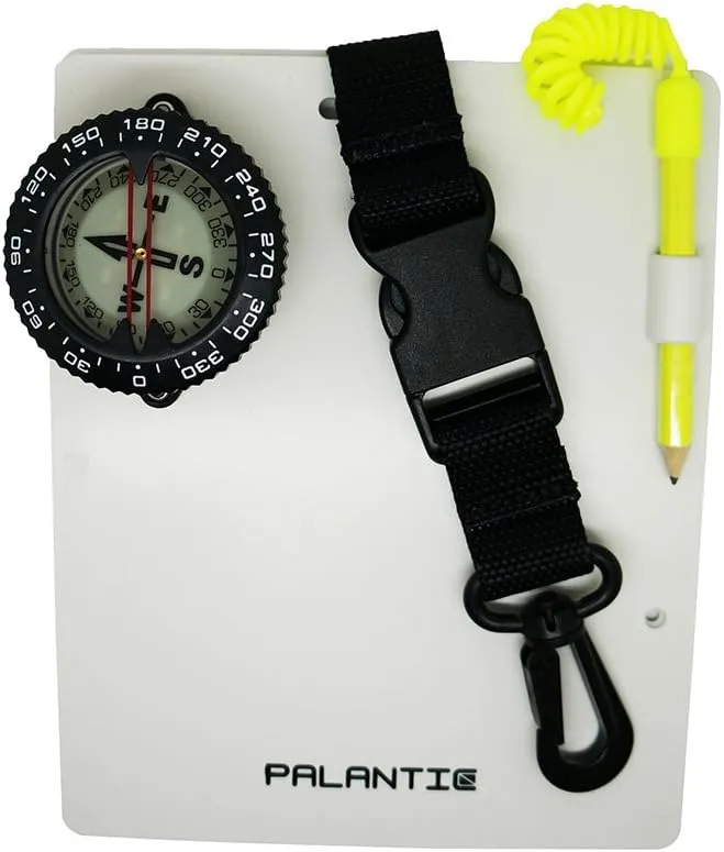 Palantic Scuba Dive Writing Slate with Compass & Pencil, 7.3"x6" Durable Slate, 2" Compass, Underwater Notepad Replaceable Pencil Clip, Diving Gear for Navigation Communication