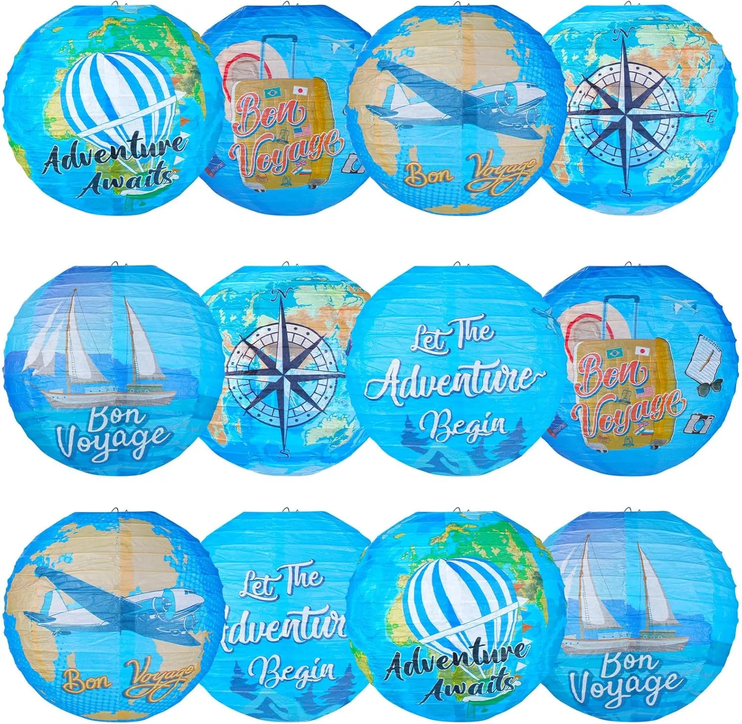 Panelee 12 Pcs Travel Around The World Party Decorations Bon Voyage Paper Hanging Lanterns 8 Inch Adventure Travel Round Paper Lanterns for Office Classroom Party Decorations Supplies Indoor Outdoor