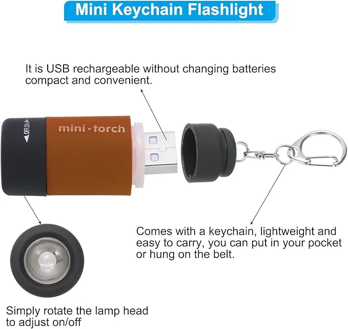 PATIKIL Mini Keychain Flashlight, Pocket LED Flashlight Portable Torch USB Rechargeable for Outdoor Camping Party, Brown