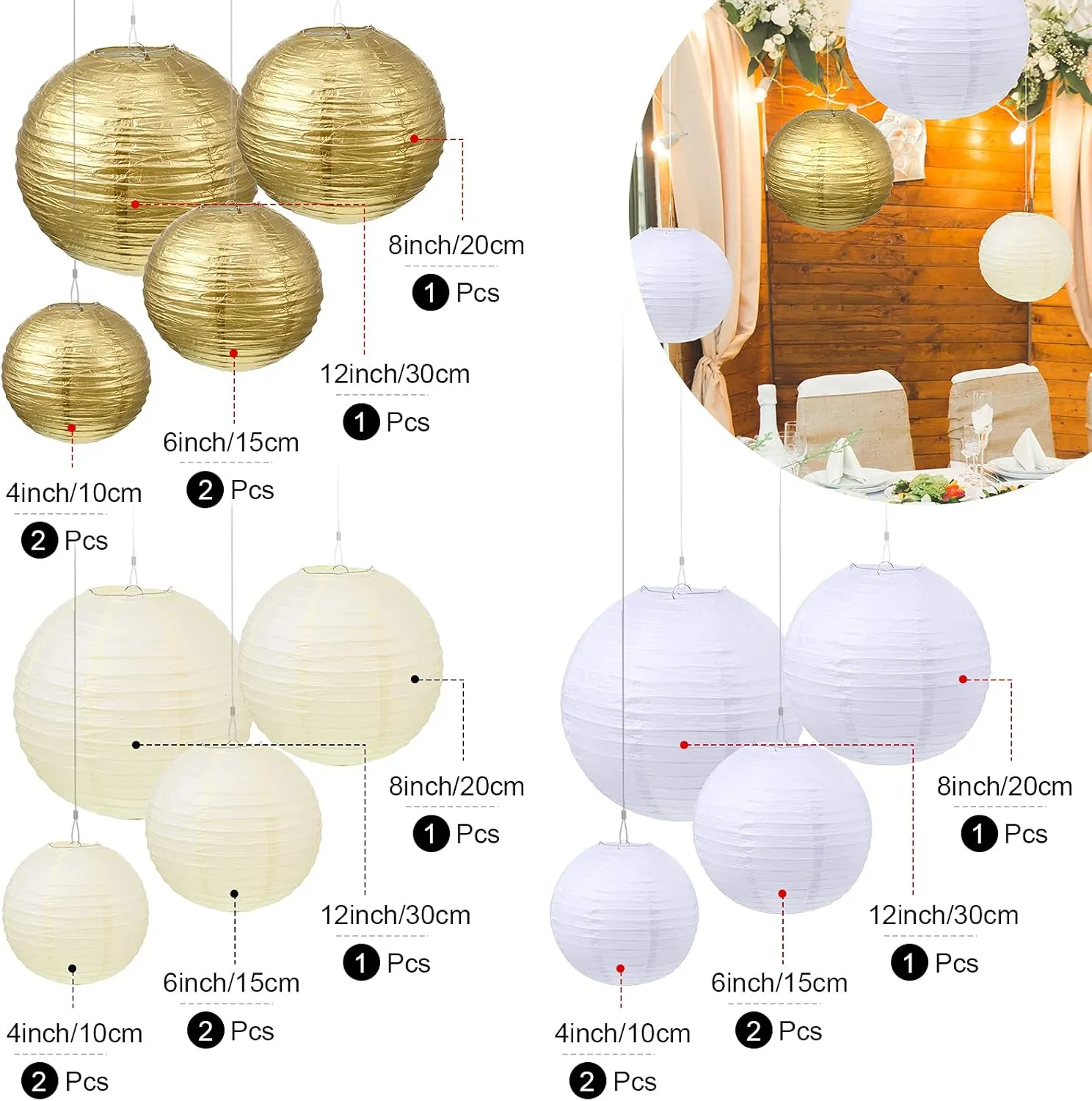 Pelopy 18 Pcs Gold, Beige, White Paper Lanterns 4/6/8/12 Inches Chinese Japanese Round Lamp for Paper Lanterns Indoor Wedding Graduation Birthday Party Decorations