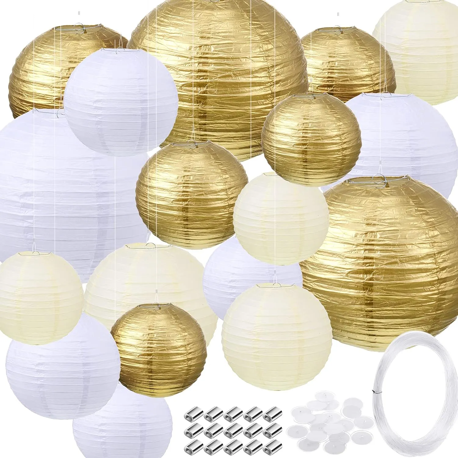 Pelopy 18 Pcs Gold, Beige, White Paper Lanterns 4/6/8/12 Inches Chinese Japanese Round Lamp for Paper Lanterns Indoor Wedding Graduation Birthday Party Decorations