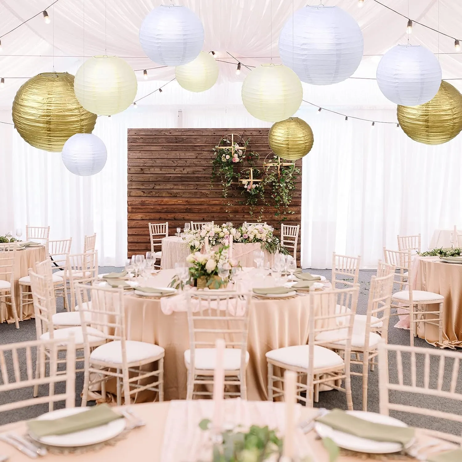 Pelopy 18 Pcs Gold, Beige, White Paper Lanterns 4/6/8/12 Inches Chinese Japanese Round Lamp for Paper Lanterns Indoor Wedding Graduation Birthday Party Decorations