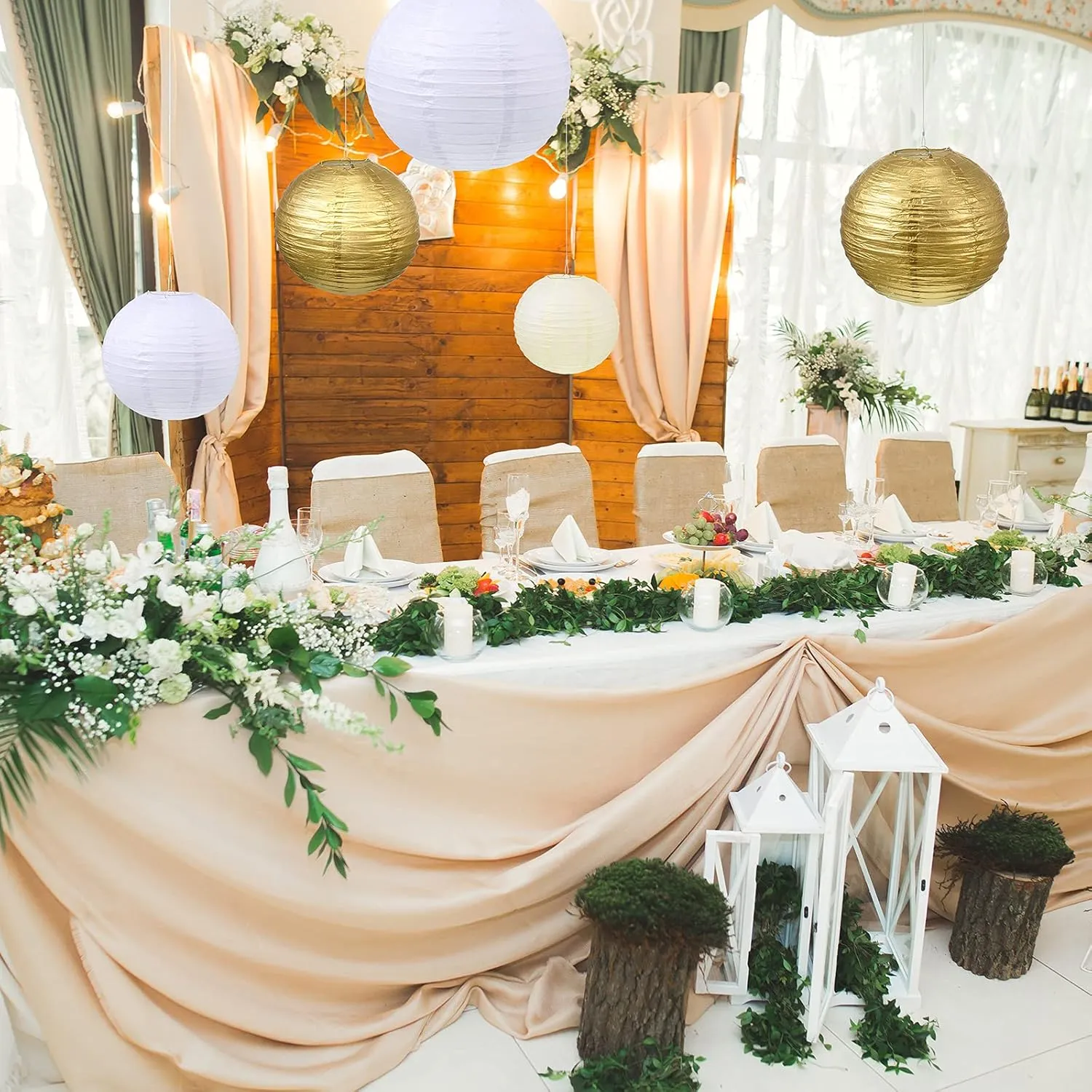 Pelopy 18 Pcs Gold, Beige, White Paper Lanterns 4/6/8/12 Inches Chinese Japanese Round Lamp for Paper Lanterns Indoor Wedding Graduation Birthday Party Decorations