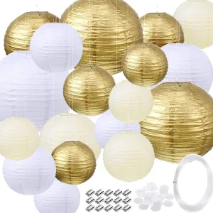 Pelopy 18 Pcs Gold, Beige, White Paper Lanterns 4/6/8/12 Inches Chinese Japanese Round Lamp for Paper Lanterns Indoor Wedding Graduation Birthday Party Decorations