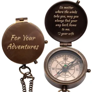 Personalized Antique Brass Compass for Men with Optional Leather Case - Custom Engraved Working Vintage Pocket Compass with Name, Initials, Handwritten Note - Gift for Husband, Father & Son
