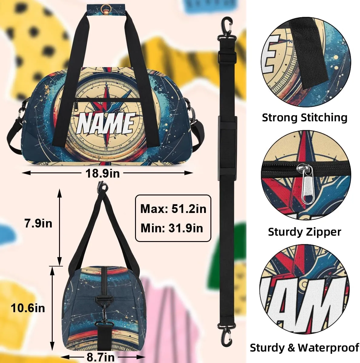 Personalized Custom Gym Bag for Women Men Carry on Ocean Compass Travel Duffel Tote Modern Print Overnight Workout Weekender Bag