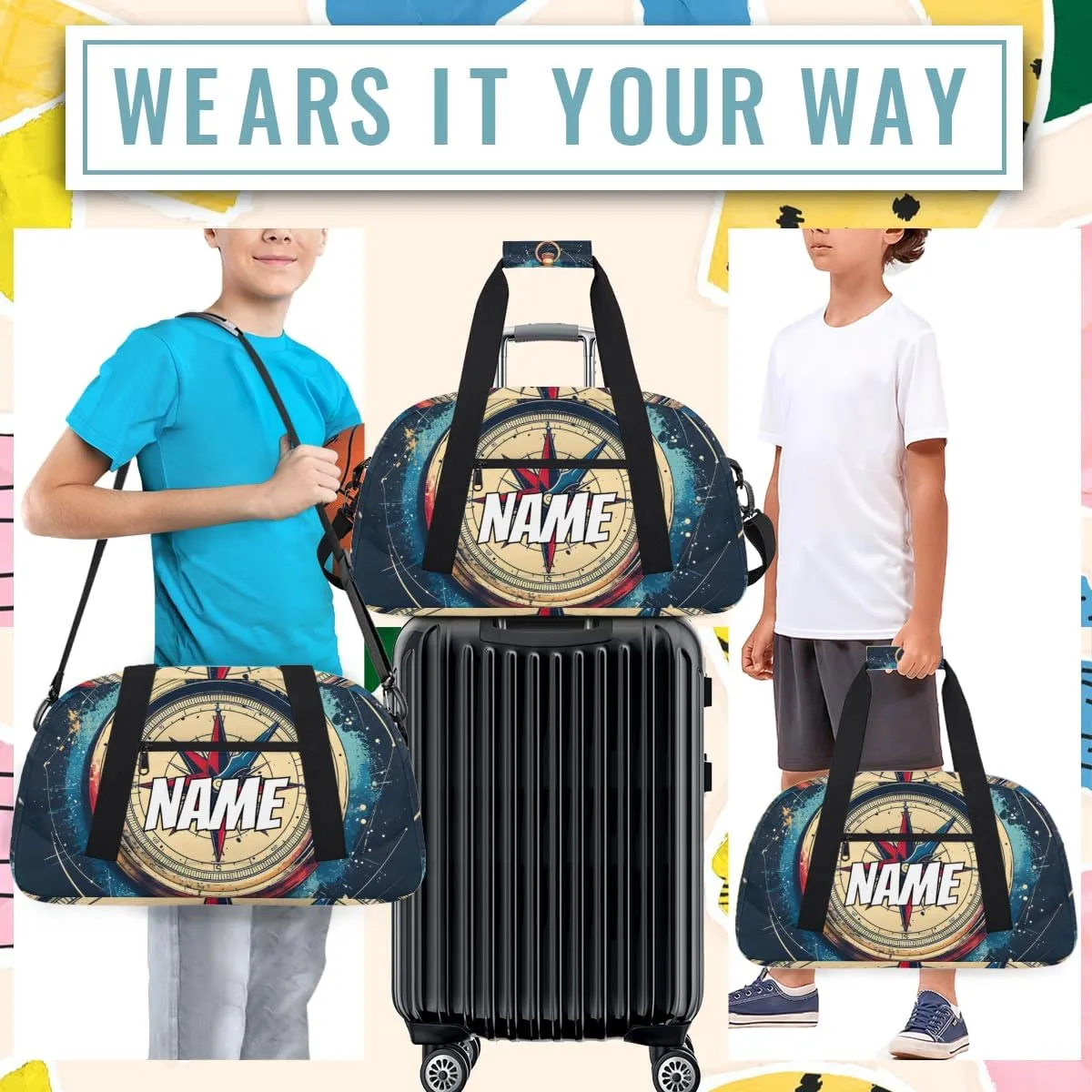 Personalized Custom Gym Bag for Women Men Carry on Ocean Compass Travel Duffel Tote Modern Print Overnight Workout Weekender Bag