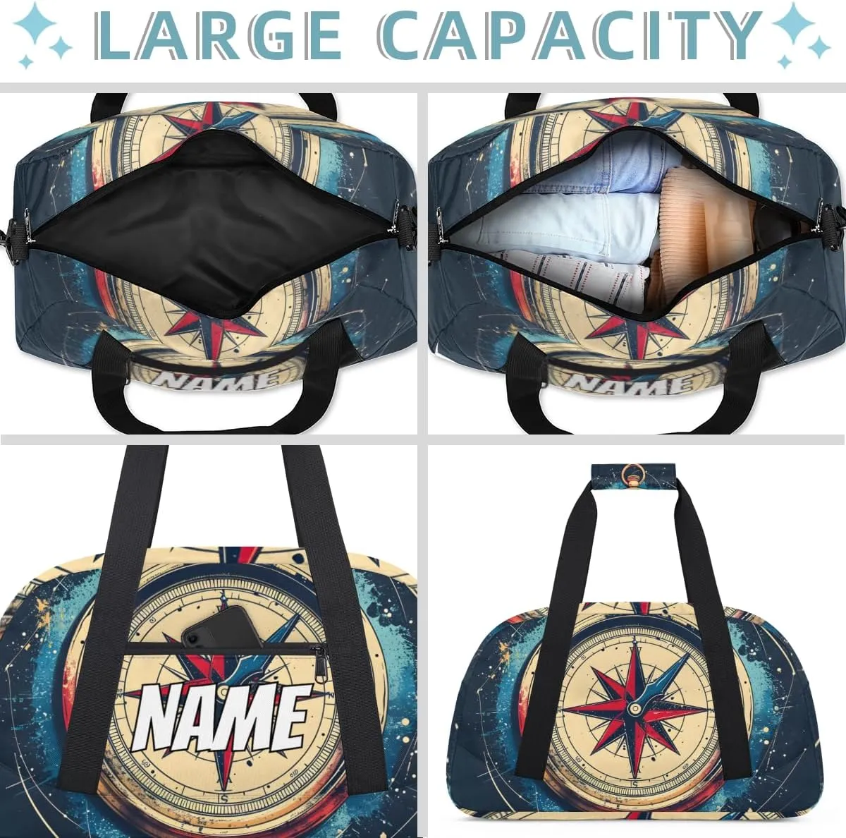 Personalized Custom Gym Bag for Women Men Carry on Ocean Compass Travel Duffel Tote Modern Print Overnight Workout Weekender Bag