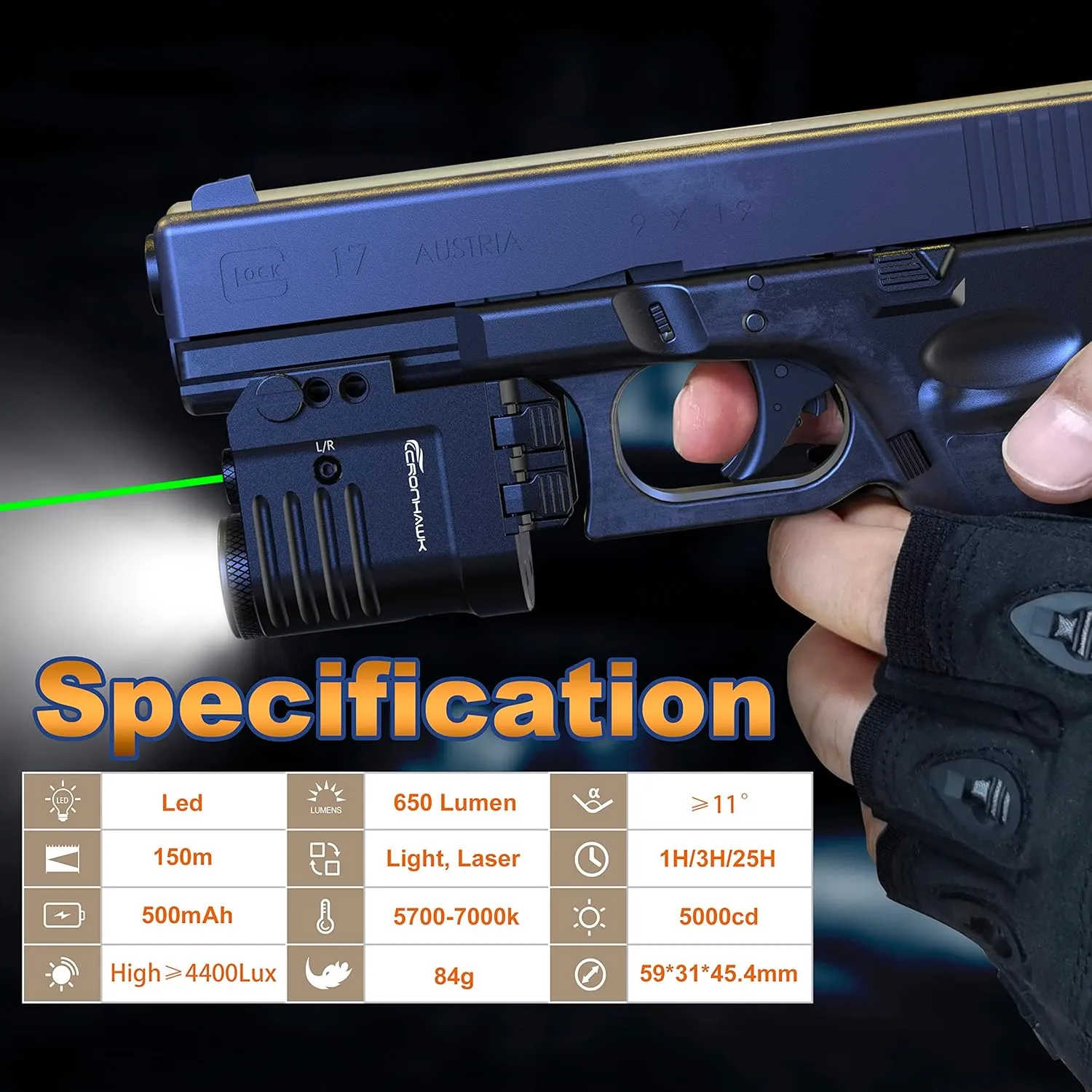Pistol Laser Light Combo 650 Lumen Rechargeable Tactical Green Laser Flashlight Combo Compatible with Picatinny 1913, Laser Class II