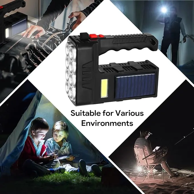 Portable Handheld Solar-Powered Flashlight with 8 LED Lights, 3 Modes Rechargeable Flashlights High Lumens Searchlight for Outdoor and Emergency Use (Black)