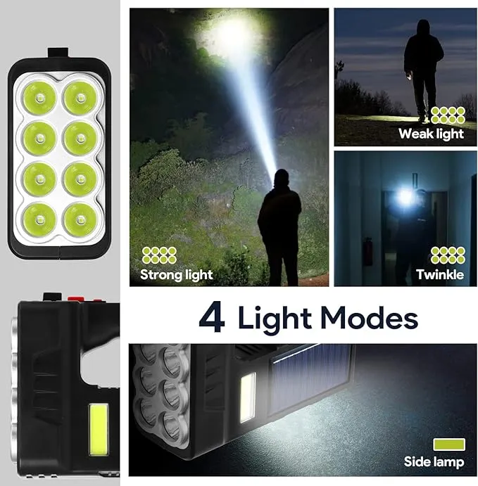 Portable Handheld Solar-Powered Flashlight with 8 LED Lights, 3 Modes Rechargeable Flashlights High Lumens Searchlight for Outdoor and Emergency Use (Black)