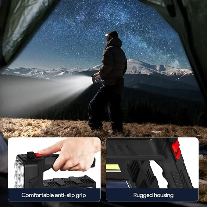 Portable Handheld Solar-Powered Flashlight with 8 LED Lights, 3 Modes Rechargeable Flashlights High Lumens Searchlight for Outdoor and Emergency Use (Black)