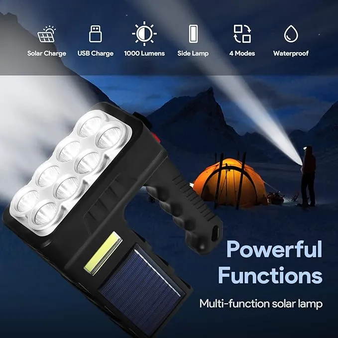 Portable Handheld Solar-Powered Flashlight with 8 LED Lights, 3 Modes Rechargeable Flashlights High Lumens Searchlight for Outdoor and Emergency Use (Black)