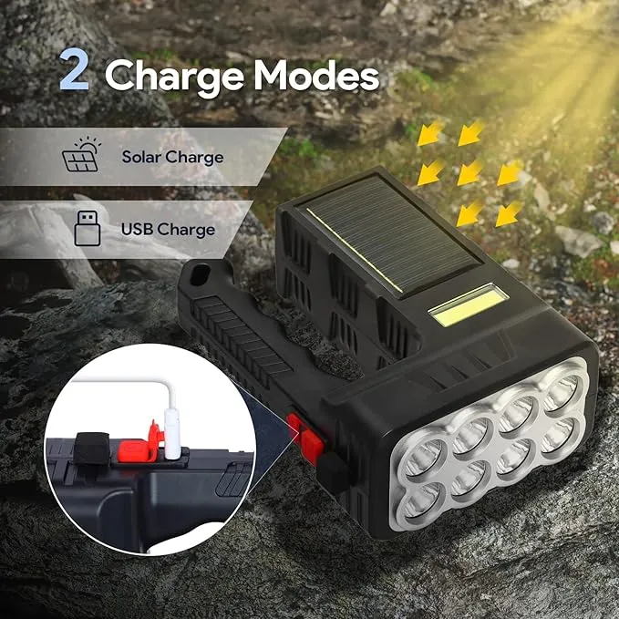Portable Handheld Solar-Powered Flashlight with 8 LED Lights, 3 Modes Rechargeable Flashlights High Lumens Searchlight for Outdoor and Emergency Use (Black)