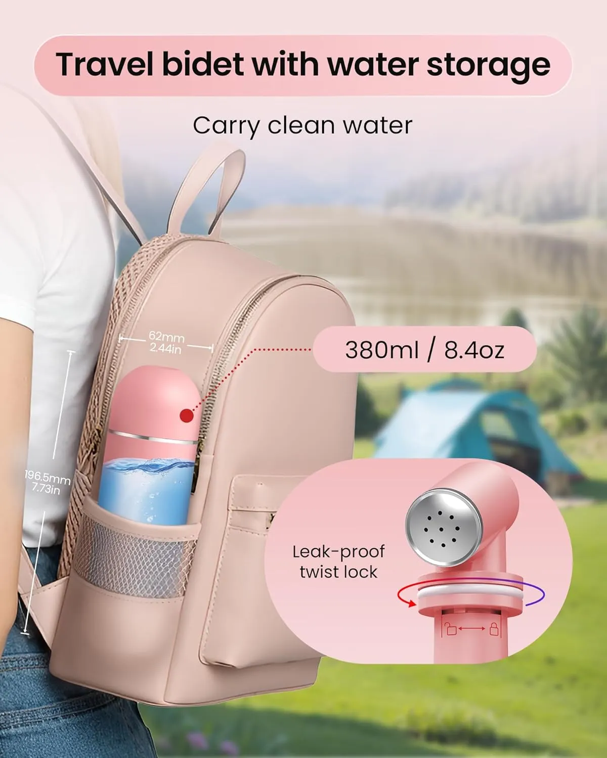 Portable Travel Bidet for Women & Men, Camping Manual Squeeze Sprayer, Leak-Proof Handheld High Pressure Water Sprayer with Storage, Postpartum Care Peri Bottle for Feminine Hygiene (Pink)