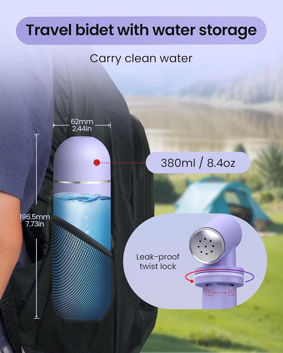 Portable Travel Bidet for Women & Men, Camping Manual Squeeze Sprayer, Leak-Proof Handheld High Pressure Water Sprayer with Storage, Postpartum Care Peri Bottle for Feminine Hygiene (Purple)