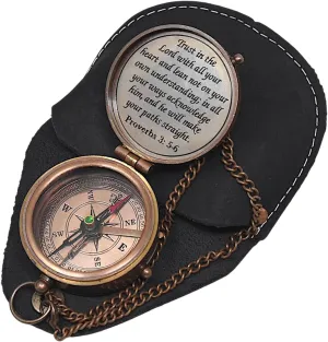 Proverbs 3: 5-6 Engraved Compass Gift for Men, Trust In The Lord Inscription Compasses Graduation Gift, Confirmation Gift, Baptism Religious Gift, Communion Survival Brass Compass With Leather Case