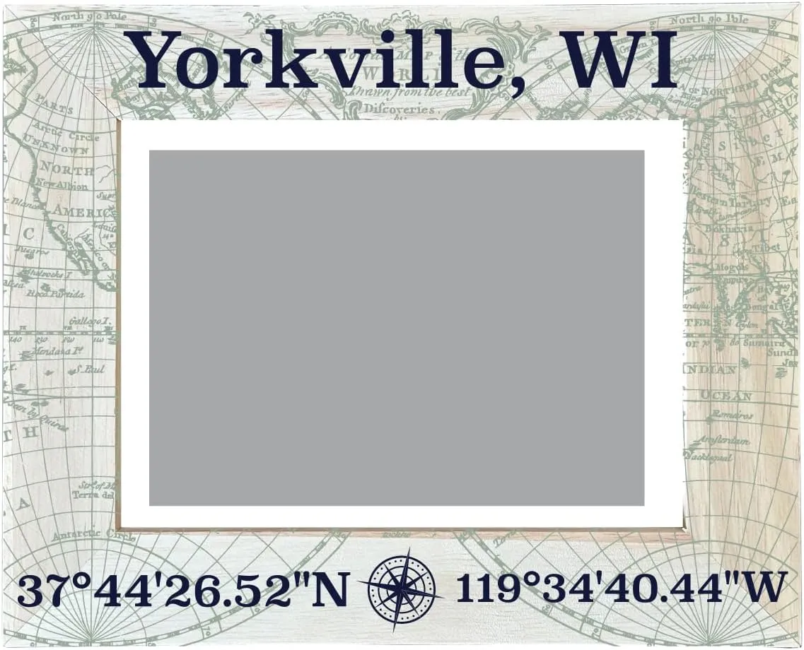 R and R Imports Yorkville Wisconsin Souvenir Wooden Photo Frame Compass Coordinates Design Matted to 4 x 6