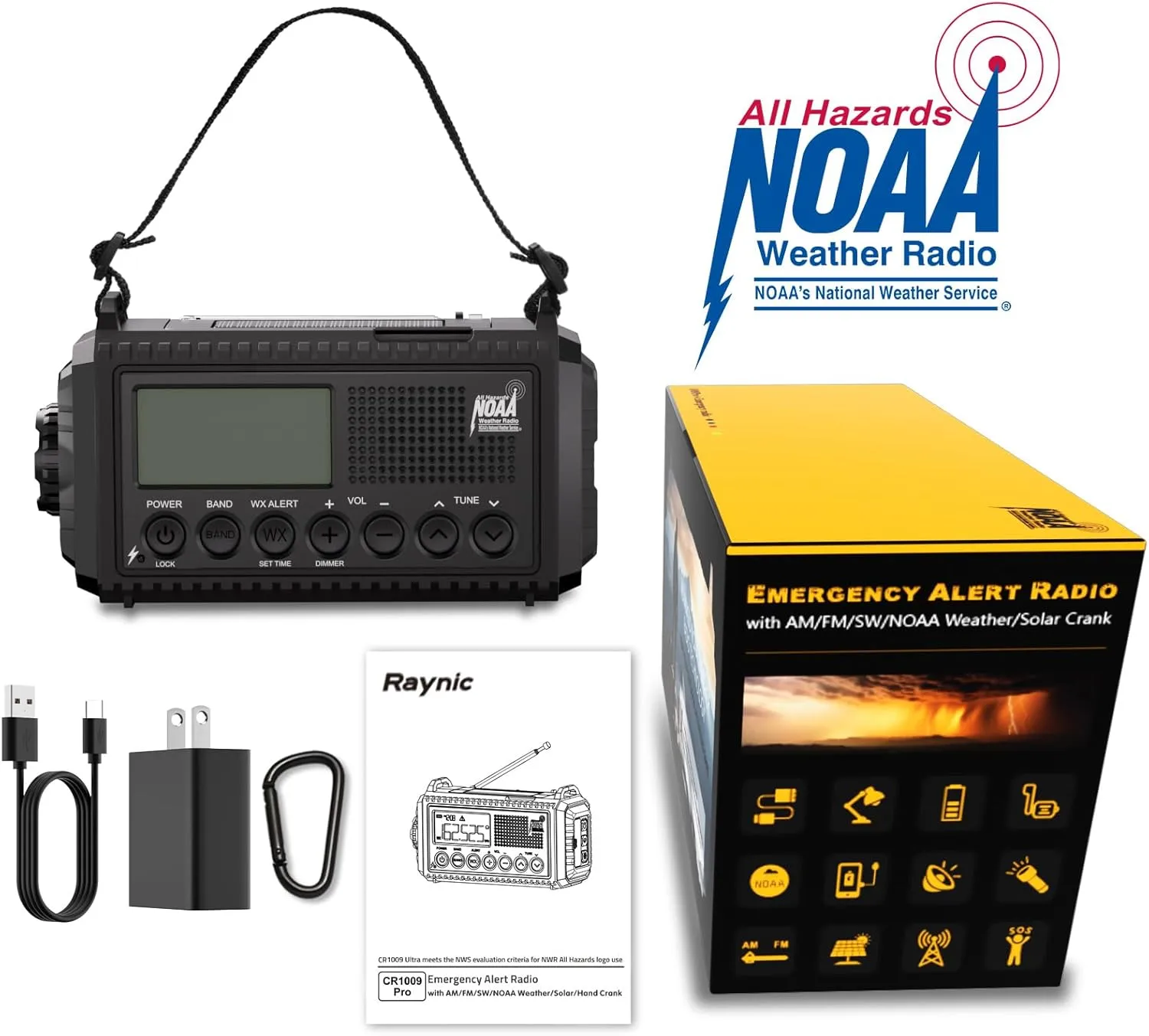 Raynic NOAA Weather Radio, 5000mAh/18500mWh Solar Hand Crank Emergency Radio, Battery Powered Portable Radio with AM/FM/SW/NOAA, Cell Phone Charger, Type-C Charging, Flashlight and SOS Siren