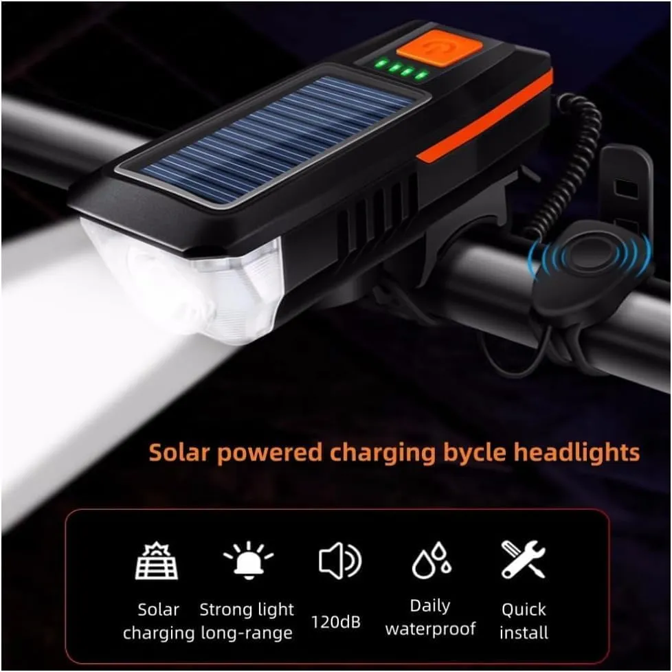 Rechargeable Bike Lights with Horn Solar and USB Charge Bright Bicycle Lights for Night Riding Road Mountain Bike Accessories Waterproof Bike Headlight