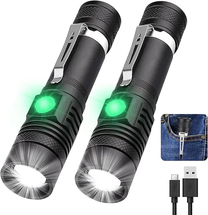 Rechargeable Flashlight, LED Tactical Flashlight, 2000 Lumens Super Bright Pocket-Sized LED Torch with Clip, IPX6 Water Resistant, 4 Modes for Camping Hiking Emergency (2 Pack)