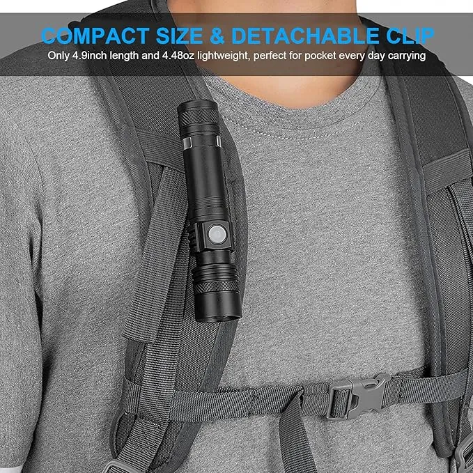 Rechargeable Flashlight, LED Tactical Flashlight, 2000 Lumens Super Bright Pocket-Sized LED Torch with Clip, IPX6 Water Resistant, 4 Modes for Camping Hiking Emergency (2 Pack)