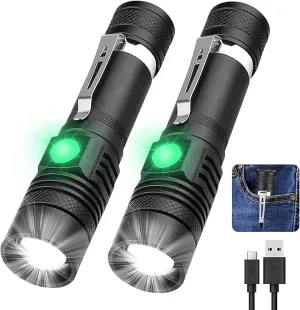 Rechargeable Flashlight, LED Tactical Flashlight, 2000 Lumens Super Bright Pocket-Sized LED Torch with Clip, IPX6 Water Resistant, 4 Modes for Camping Hiking Emergency (2 Pack)
