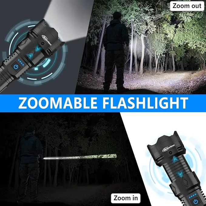 Rechargeable Flashlights High lumens, Powerful 300000LM Tactical Flashlights, 5 Modes LED Flashlight Zoomable, Brightest Flashlight Waterproof, Handheld Flash Light for Home, Emergencies, Camping