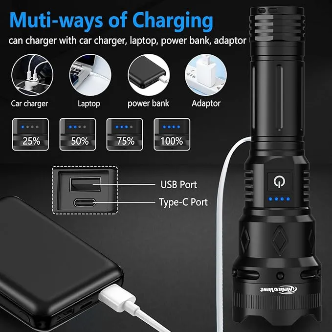 Rechargeable Flashlights High lumens, Powerful 300000LM Tactical Flashlights, 5 Modes LED Flashlight Zoomable, Brightest Flashlight Waterproof, Handheld Flash Light for Home, Emergencies, Camping
