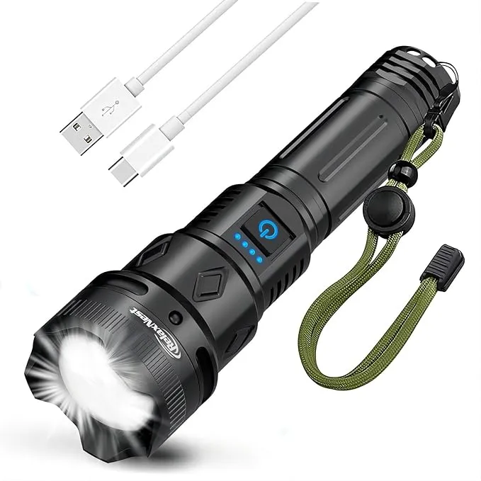 Rechargeable Flashlights High lumens, Powerful 300000LM Tactical Flashlights, 5 Modes LED Flashlight Zoomable, Brightest Flashlight Waterproof, Handheld Flash Light for Home, Emergencies, Camping