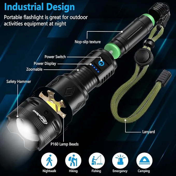 Rechargeable Flashlights High lumens, Powerful 300000LM Tactical Flashlights, 5 Modes LED Flashlight Zoomable, Brightest Flashlight Waterproof, Handheld Flash Light for Home, Emergencies, Camping