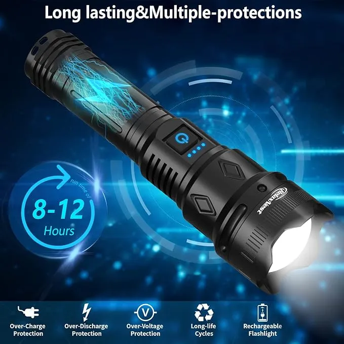 Rechargeable Flashlights High lumens, Powerful 300000LM Tactical Flashlights, 5 Modes LED Flashlight Zoomable, Brightest Flashlight Waterproof, Handheld Flash Light for Home, Emergencies, Camping
