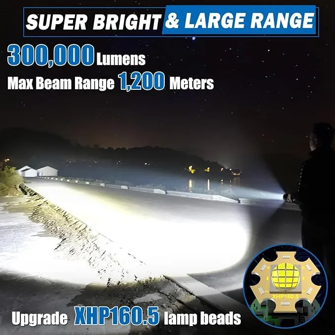 Rechargeable Flashlights High lumens, Powerful 300000LM Tactical Flashlights, 5 Modes LED Flashlight Zoomable, Brightest Flashlight Waterproof, Handheld Flash Light for Home, Emergencies, Camping