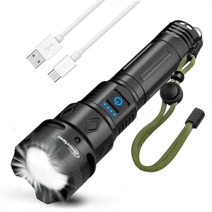 Rechargeable Flashlights High lumens, Powerful 300000LM Tactical Flashlights, 5 Modes LED Flashlight Zoomable, Brightest Flashlight Waterproof, Handheld Flash Light for Home, Emergencies, Camping