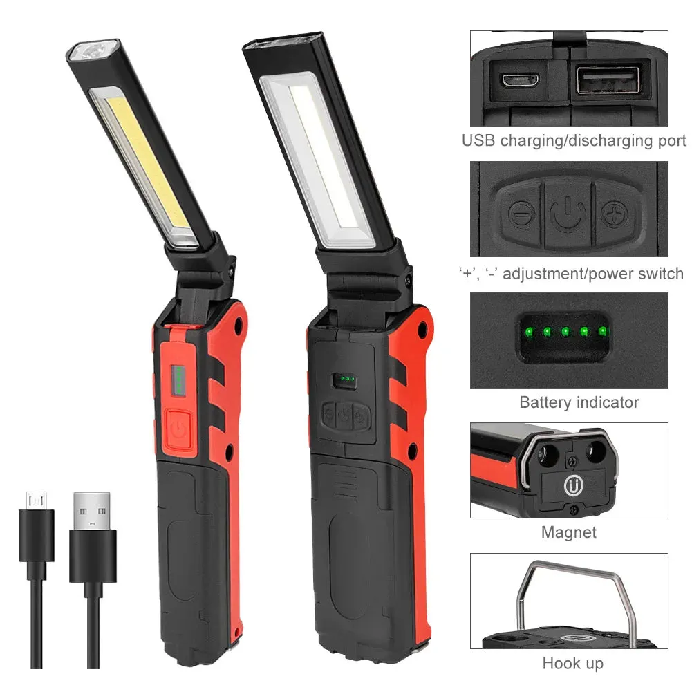 Rechargeable LED Work Light with Magnetic Hook, Dimmable USB Flashlight, 18650 Battery Torch for Inspection