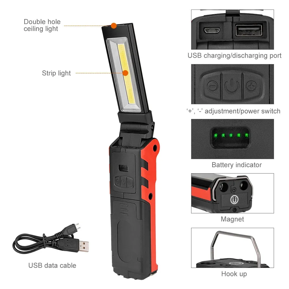 Rechargeable LED Work Light with Magnetic Hook, Dimmable USB Flashlight, 18650 Battery Torch for Inspection