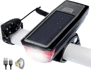 Rechargeable Solar Bike Lights LED Bike Light Set with Headlight, Taillight & Electric Horn Easy to Install Waterproof Bicycle Lights for Night Riding Mountain Bike
