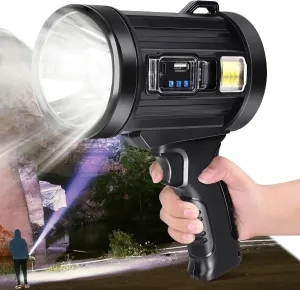 Rechargeable Spotlight Flashlights 90000 High Lumens, Super Bright Solar Spot Light with 6 Modes, 4 Color Light, IPX6 Waterproof Flashlight, Large Searchlight for Camping, Boating, Hiking, Fishing