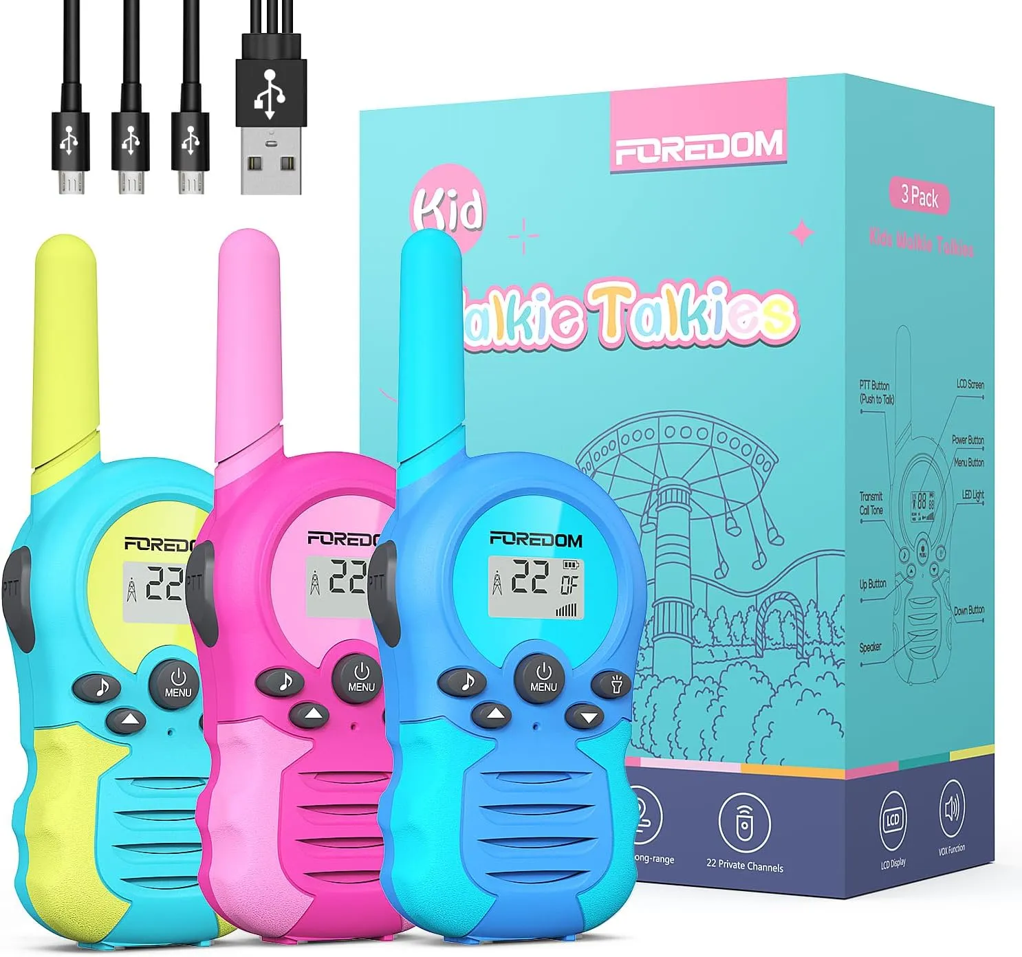 Rechargeable Walkie Talkies for Kids Walkie Talkies Long Range for Boy & Girl Age 3 to 12 Year Old Birthday Toys - 3 Pack