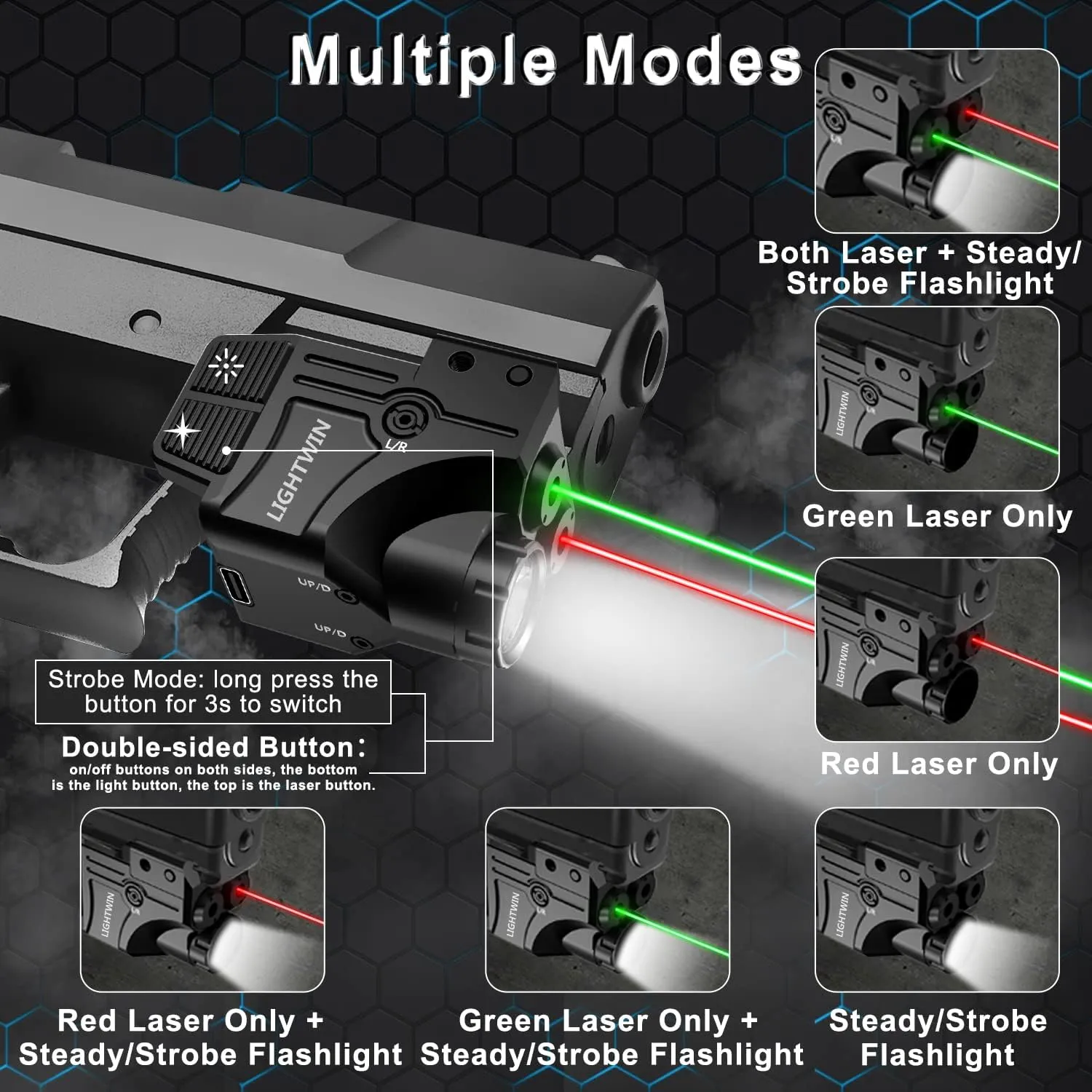 Red Green Blue Purple Laser Beams with 600 Lumens Flashlight for Pistols, 3 in1 Laser Light Combo, Tactical USB Rechargeable Laser Sight, Strobe & Steady Flashlight for Picatinny Rail