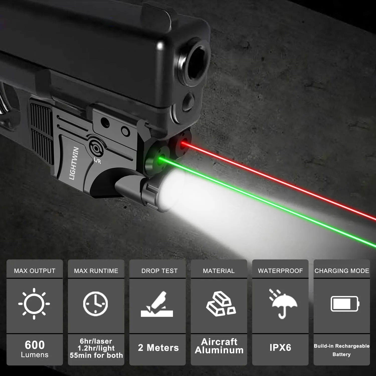 Red Green Blue Purple Laser Beams with 600 Lumens Flashlight for Pistols, 3 in1 Laser Light Combo, Tactical USB Rechargeable Laser Sight, Strobe & Steady Flashlight for Picatinny Rail