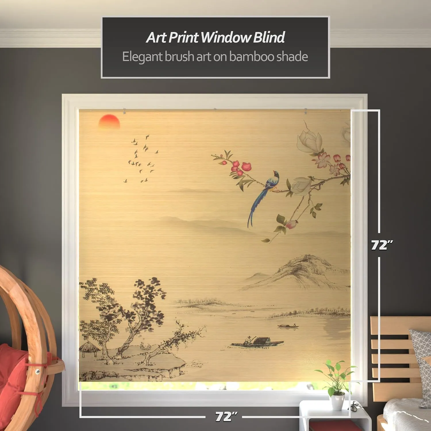 Red Lantern Bamboo Window Shade Blind - Rising Sun 72" Wide