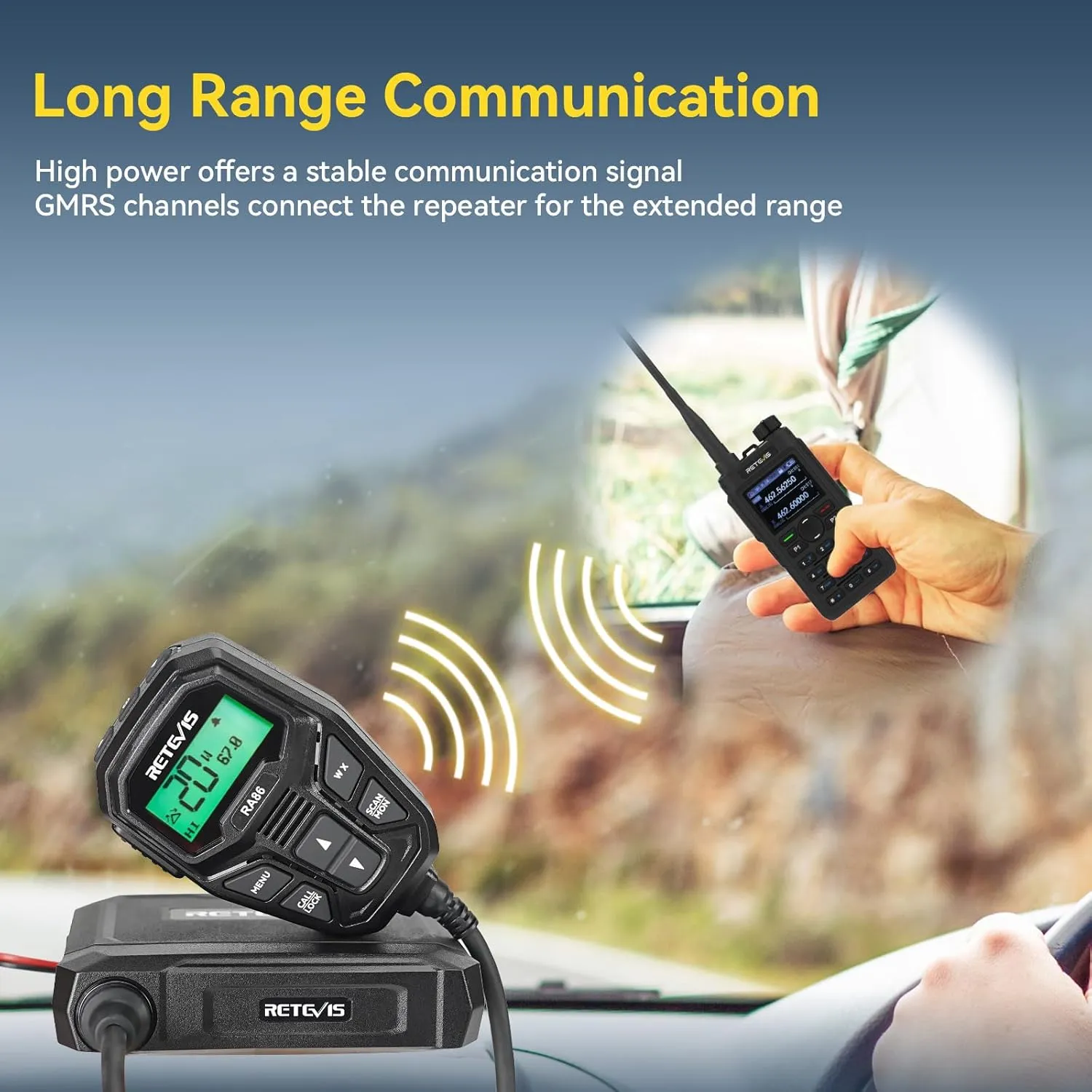 Retevis RA86 GMRS Mobile Radio,with Antenna(1 Pack)and C2 GMRS Handheld Radio(2 Pack),Repeater Capable,NOAA,Noise Canceling, Flashlight,2000mAh,USB C,Walkie Talkies Long Range for Vehicle travel,Farm