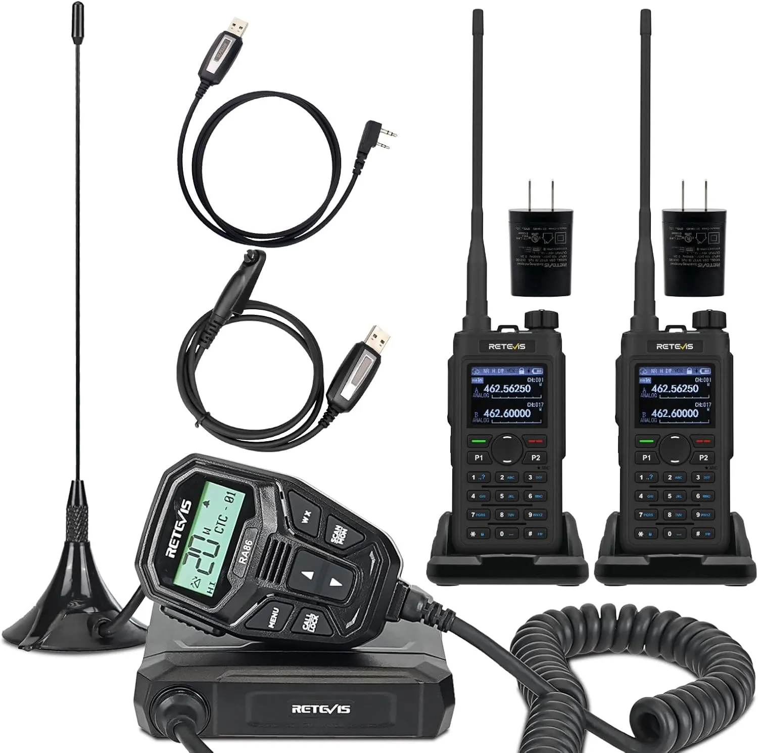 Retevis RA86 GMRS Mobile Radio,with Antenna(1 Pack)and C2 GMRS Handheld Radio(2 Pack),Repeater Capable,NOAA,Noise Canceling, Flashlight,2000mAh,USB C,Walkie Talkies Long Range for Vehicle travel,Farm