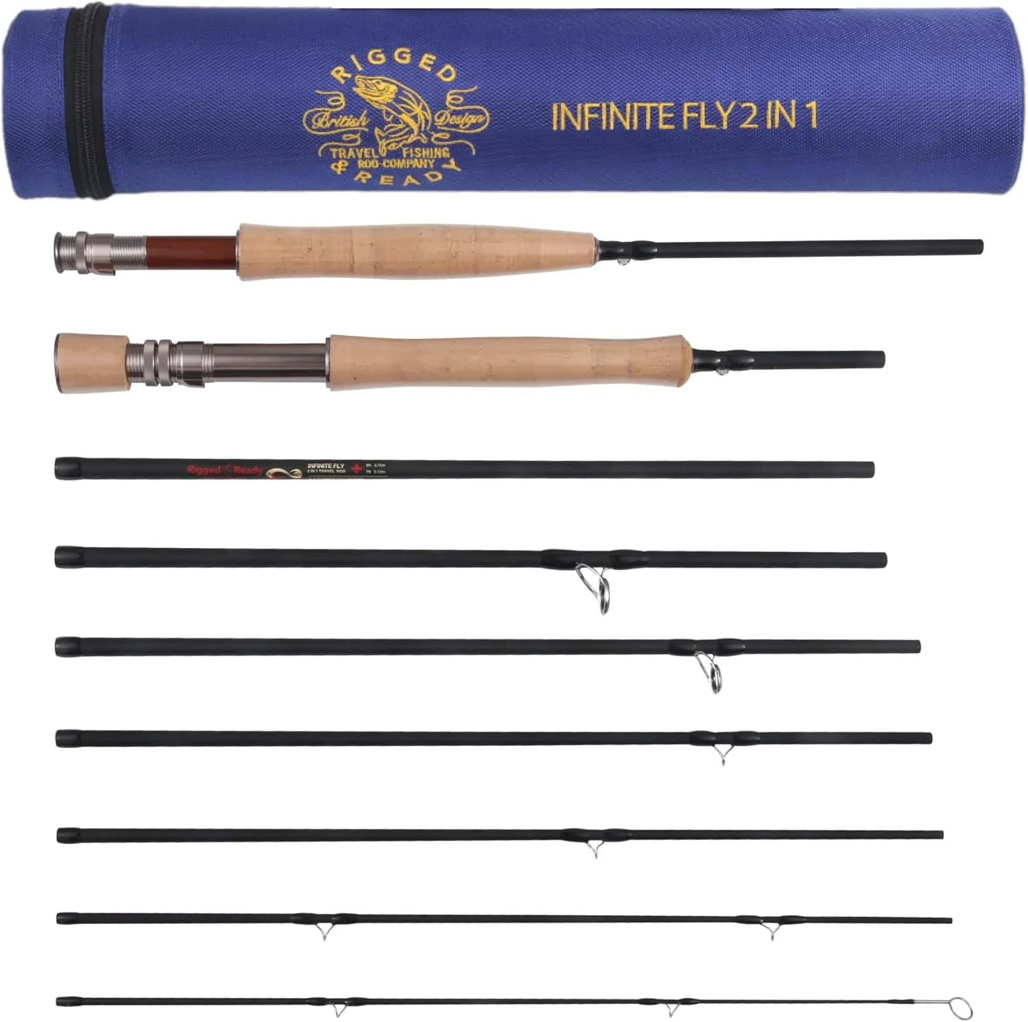 Rigged and Ready 2-in-1 Fly Fishing Travel Rod. 2 Rods. 9ft 273cm #6 7ft 213cm and #4 Fishing Rod Options 2 Handle Combination. Toray Carbon-8 Sections. Tube 18’ 45cm
