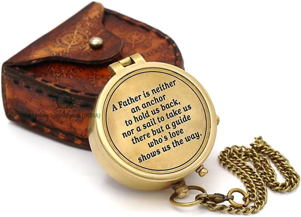 RII Antique Nautical Vintage Directional Magnetic Compass with Famous Scripture Quote Engraved Baptism Gifts with Leather Case or Wooden Case for Dad from Son, Daughter
