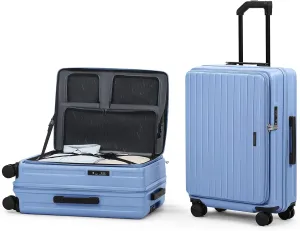 ROAMING 24 Inch Checked Luggage TOP Opening Rolling Suitcase PC hard sided luggage with Spinner Wheels Cup Holder Tsa Lock Specially Designed Ergonomic Pull Rod Handle for Travel Woman Men Blue