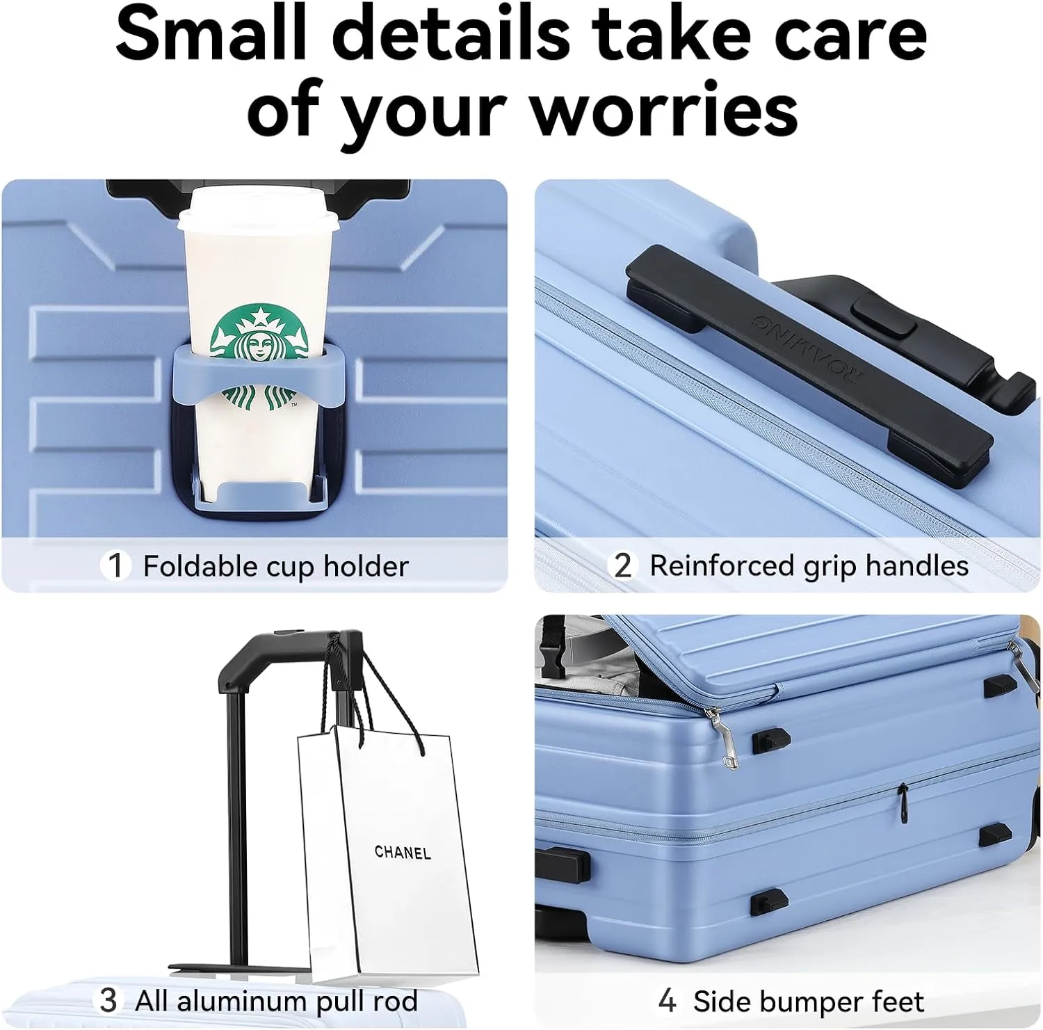 ROAMING 24 Inch Checked Luggage TOP Opening Rolling Suitcase PC hard sided luggage with Spinner Wheels Cup Holder Tsa Lock Specially Designed Ergonomic Pull Rod Handle for Travel Woman Men Blue