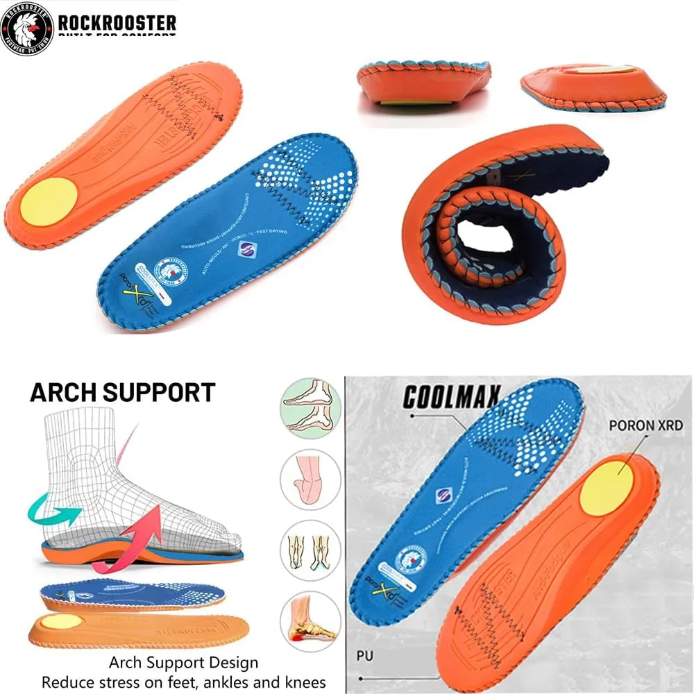 ROCKROOSTER Women's Men's Arch Support Anti-Fatigue Comfortable Cushioned Insole Heel Pain Relief Replacement Footwear Heavy Duty Comfort and Support Memory Fit Insoles